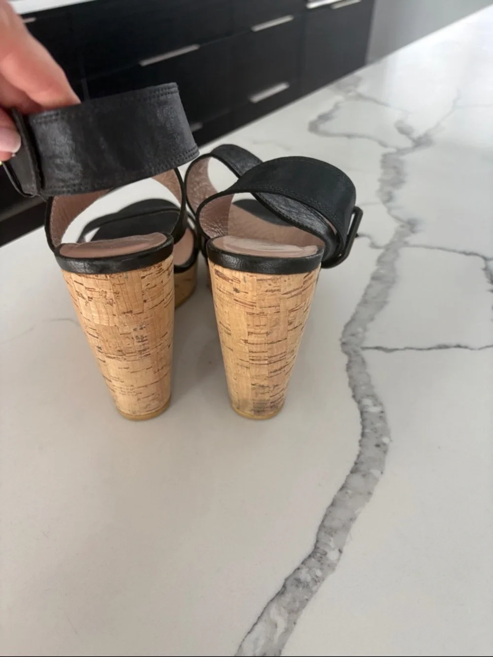 Stuart Weitzman Black Leather Wedge Sandals with Cork Platform - Picture 5 of 10